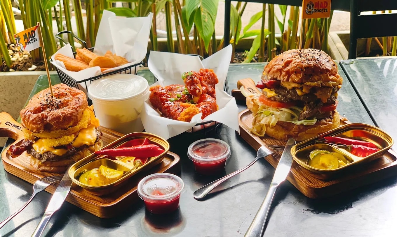 Generously sized burgers at MAD ROOSTA are crafted with quality ingredients and rich, well-developed flavors